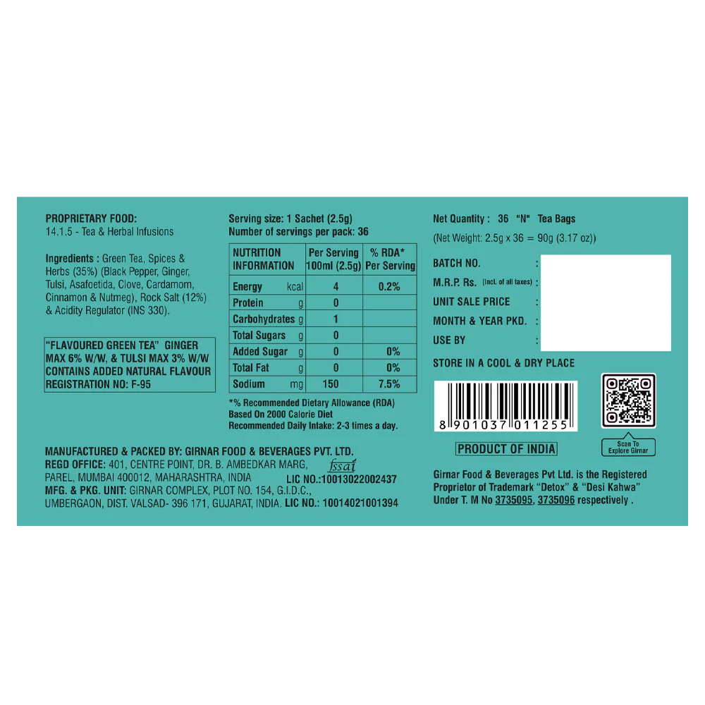 Girnar Green Tea Bags - Detox / Desi Kahwa (36 Bags)