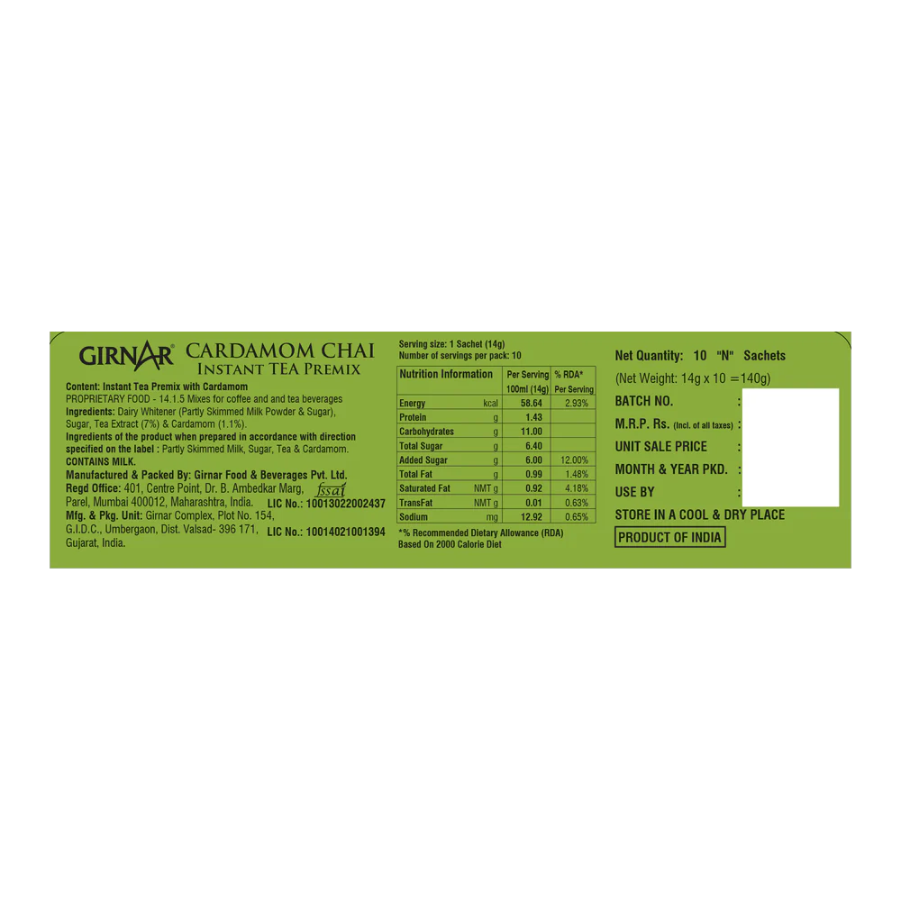 Premezcla de té instantáneo Girnar con cardamomo 